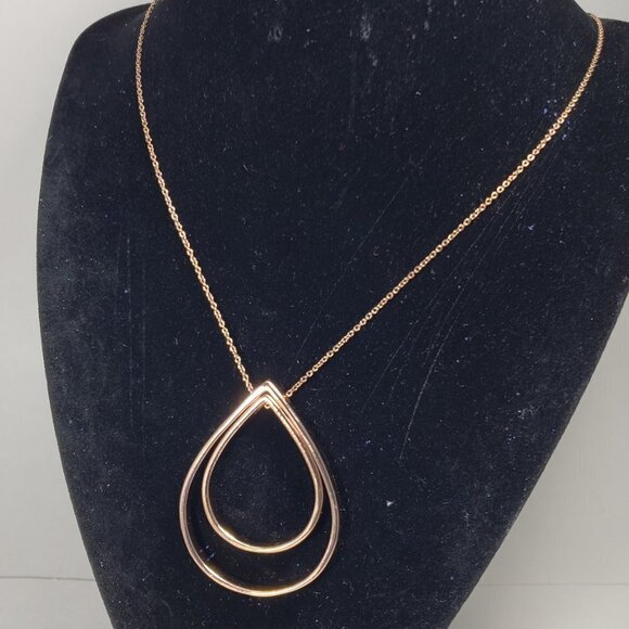 Rose Gold-Tone Teardrop Pendant Necklace – Double Hoop Design, Elegant - Women - Picture 6 of 12
